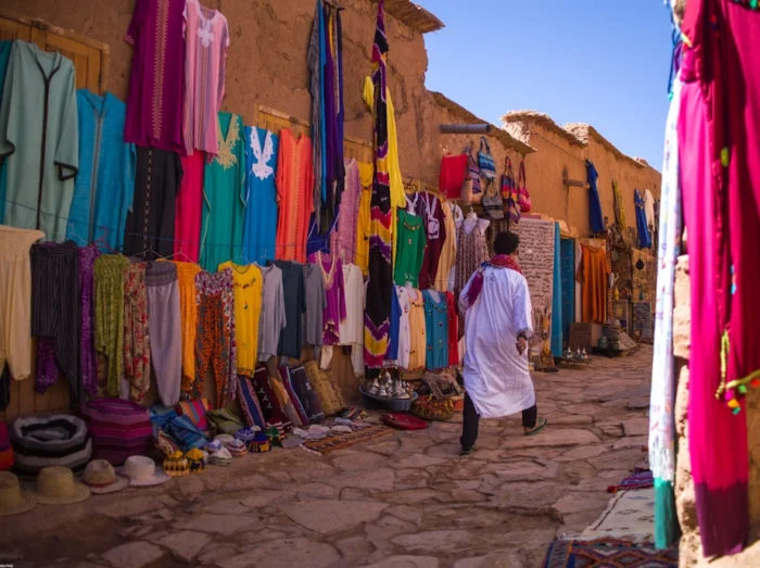 Shops selling traditional Moroccan clothing at Ksar Aït Benhaddou