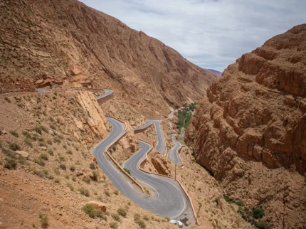 Scenic view of the winding road and rugged cliffs of Dades Gorges in Morocco