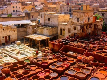 Traditional leather tanneries in Fez, Morocco, viewed from above