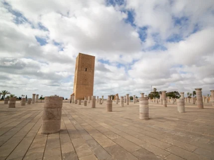 Hassan Tower and mosque ruins in Rabat, Morocco under a clear sky