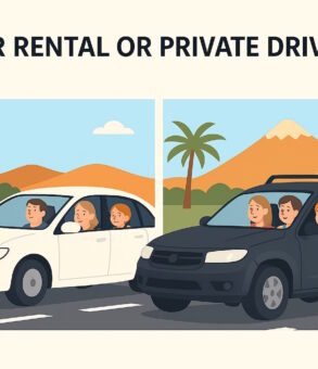 Illustration comparing car rental vs hiring a private driver in Morocco, showing a family stressed in a rental car and relaxed with a Moroccan driver in a 4x4 SUV.