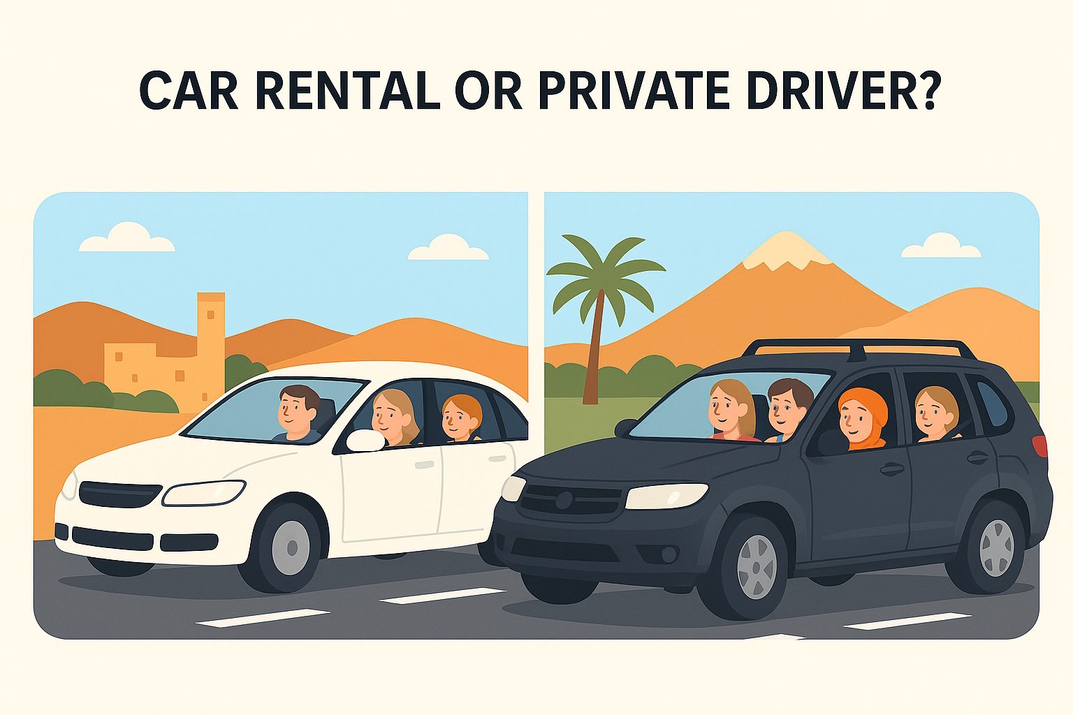 Illustration comparing car rental vs hiring a private driver in Morocco, showing a family stressed in a rental car and relaxed with a Moroccan driver in a 4x4 SUV.